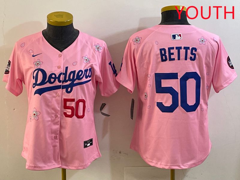 Youth Los Angeles Dodgers #50 Betts Pink Sakura Edition 2025 Nike MLB Jersey style 2->youth mlb jersey->Youth Jersey